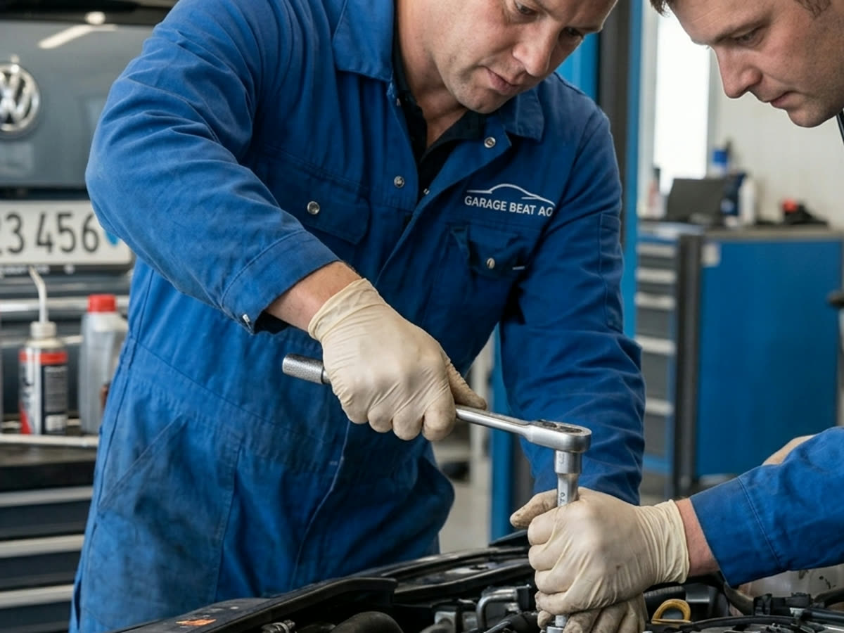 Mechanikbereich mit Fahrzeug und Werkstattausrüstung